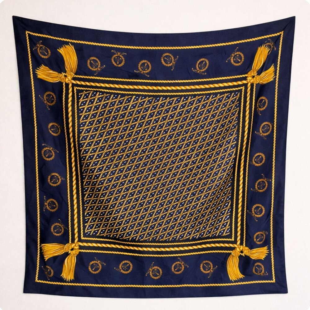 Vintage Berkshire Made in Italy Scarf | Navy Gold Tassel Print‎ Square